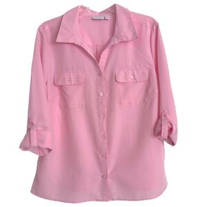 Kim Rogers Size L Pink Polyester Long Roll Tab Button Sleeve Collar Blouse Top